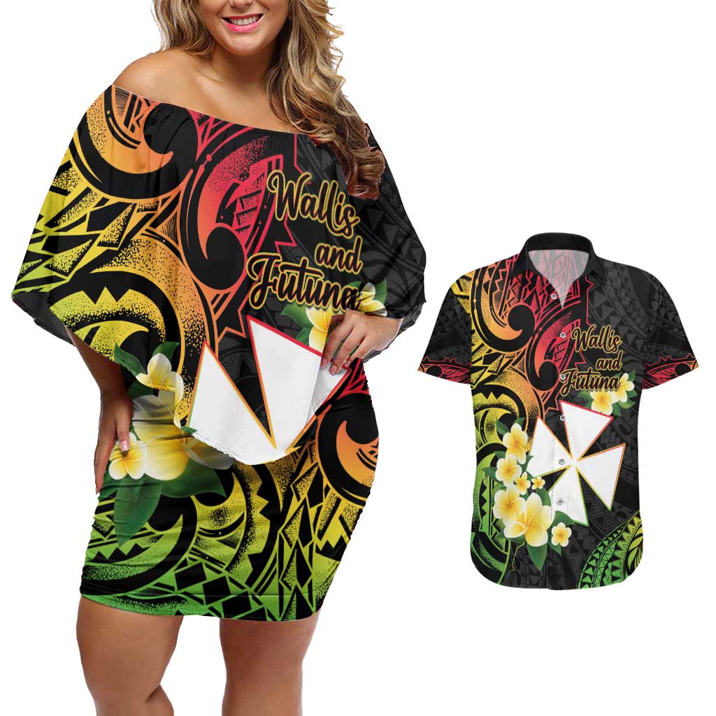 Wallis and Futuna Victory Day Couples Matching Off Shoulder Short Dress and Hawaiian Shirt Liberty Equality Fraternity Polynesian Plumeria LT14 Black - Polynesian Pride