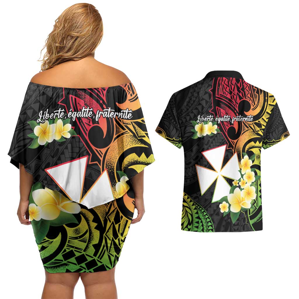Wallis and Futuna Victory Day Couples Matching Off Shoulder Short Dress and Hawaiian Shirt Liberty Equality Fraternity Polynesian Plumeria LT14 - Polynesian Pride