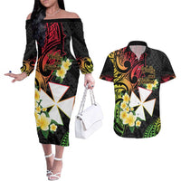 Wallis and Futuna Victory Day Couples Matching Off The Shoulder Long Sleeve Dress and Hawaiian Shirt Liberty Equality Fraternity Polynesian Plumeria LT14 Black - Polynesian Pride