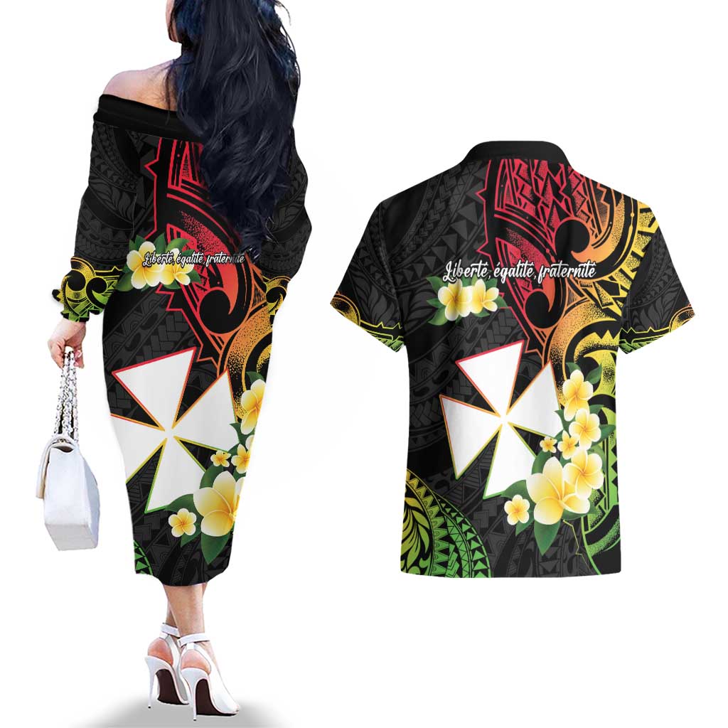 Wallis and Futuna Victory Day Couples Matching Off The Shoulder Long Sleeve Dress and Hawaiian Shirt Liberty Equality Fraternity Polynesian Plumeria LT14 - Polynesian Pride