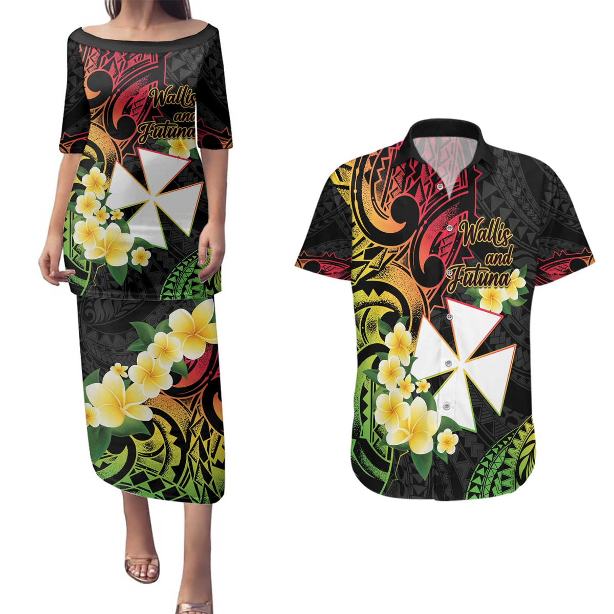 Wallis and Futuna Victory Day Couples Matching Puletasi and Hawaiian Shirt Liberty Equality Fraternity Polynesian Plumeria