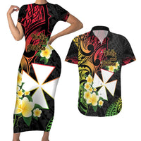 Wallis and Futuna Victory Day Couples Matching Short Sleeve Bodycon Dress and Hawaiian Shirt Liberty Equality Fraternity Polynesian Plumeria LT14 Black - Polynesian Pride