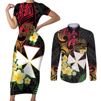 Wallis and Futuna Victory Day Couples Matching Short Sleeve Bodycon Dress and Long Sleeve Button Shirt Liberty Equality Fraternity Polynesian Plumeria LT14 Black - Polynesian Pride