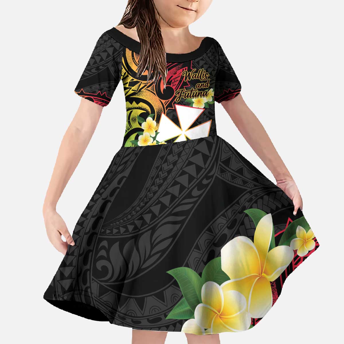 Wallis and Futuna Victory Day Family Matching Off The Shoulder Long Sleeve Dress and Hawaiian Shirt Liberty Equality Fraternity Polynesian Plumeria LT14 Daughter's Dress Black - Polynesian Pride