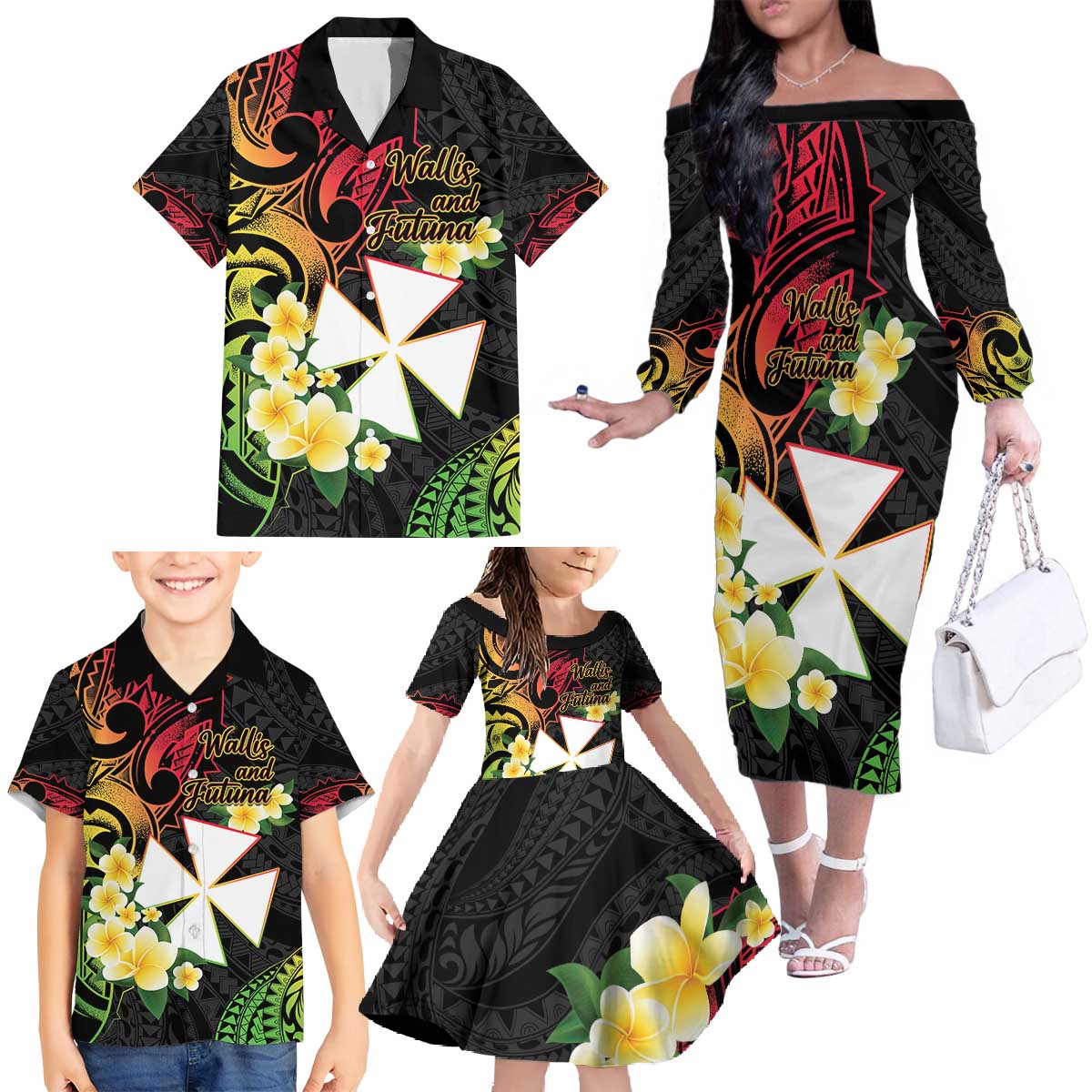 Wallis and Futuna Victory Day Family Matching Off The Shoulder Long Sleeve Dress and Hawaiian Shirt Liberty Equality Fraternity Polynesian Plumeria LT14 - Polynesian Pride