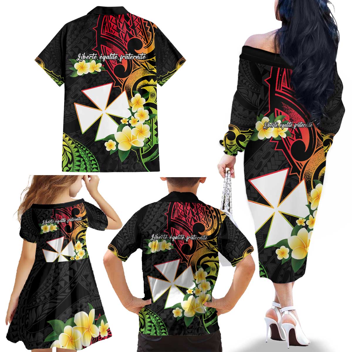 Wallis and Futuna Victory Day Family Matching Off The Shoulder Long Sleeve Dress and Hawaiian Shirt Liberty Equality Fraternity Polynesian Plumeria LT14 - Polynesian Pride