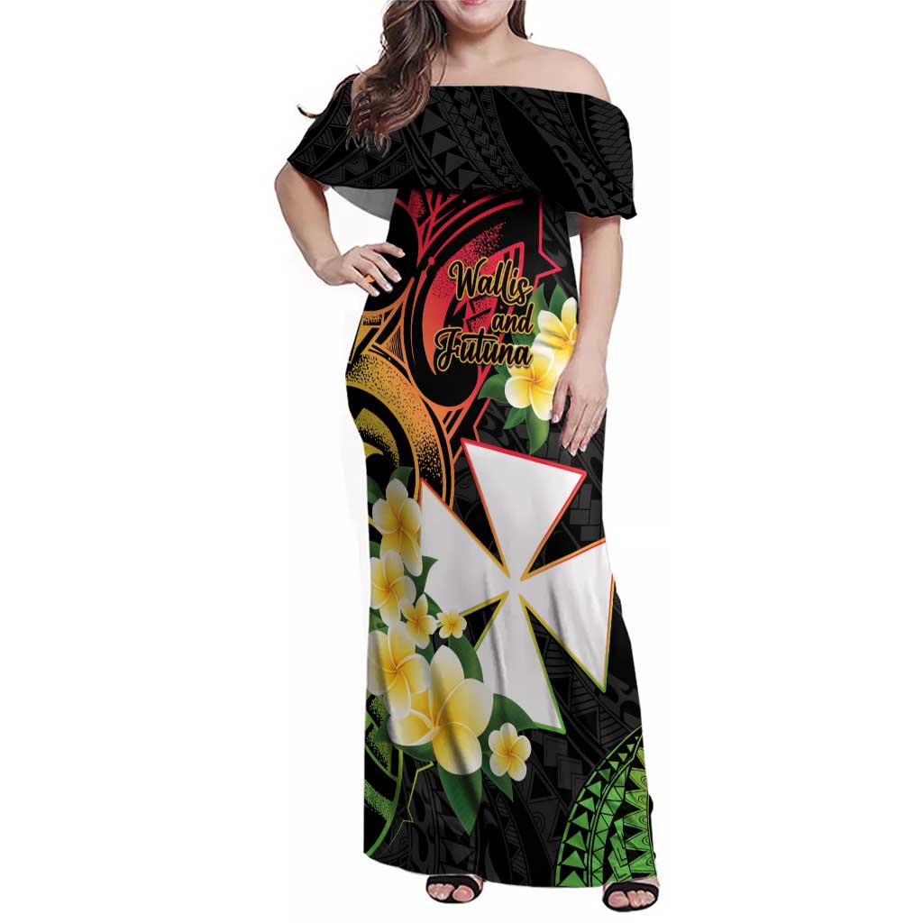 Wallis and Futuna Victory Day Family Matching Off Shoulder Maxi Dress and Hawaiian Shirt Liberty Equality Fraternity Polynesian Plumeria LT14 Mom's Dress Black - Polynesian Pride