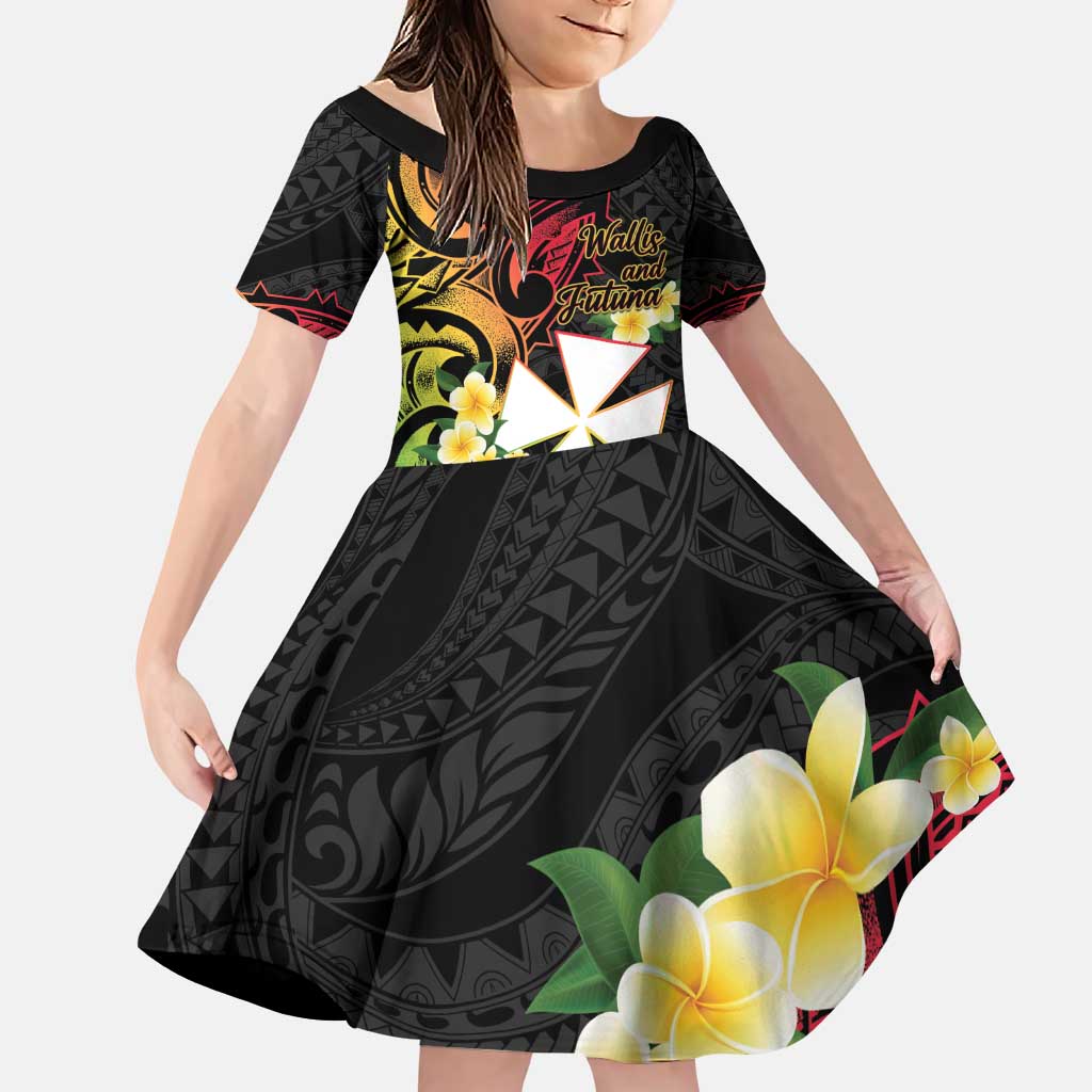 Wallis and Futuna Victory Day Family Matching Puletasi and Hawaiian Shirt Liberty Equality Fraternity Polynesian Plumeria LT14 Daughter's Dress Black - Polynesian Pride