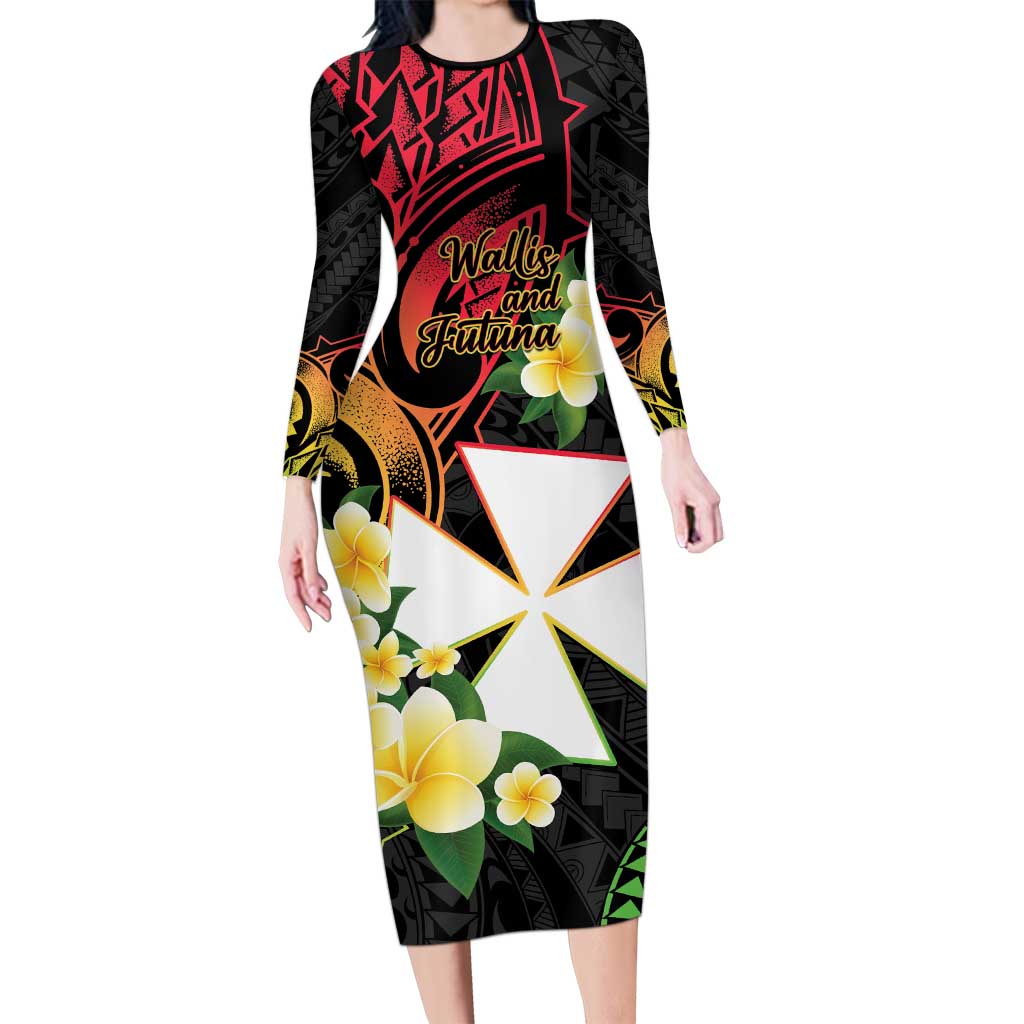 Wallis and Futuna Victory Day Long Sleeve Bodycon Dress Liberty Equality Fraternity Polynesian Plumeria