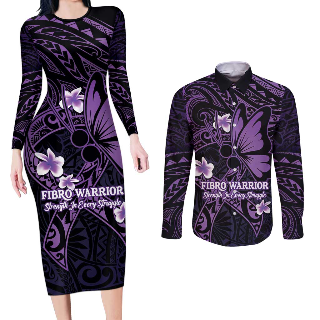 Personalised Fibromyalgia Awareness Month Couples Matching Long Sleeve Bodycon Dress and Long Sleeve Button Shirt Fibro Warrior Strength In Every Struggle LT14 Purple - Polynesian Pride