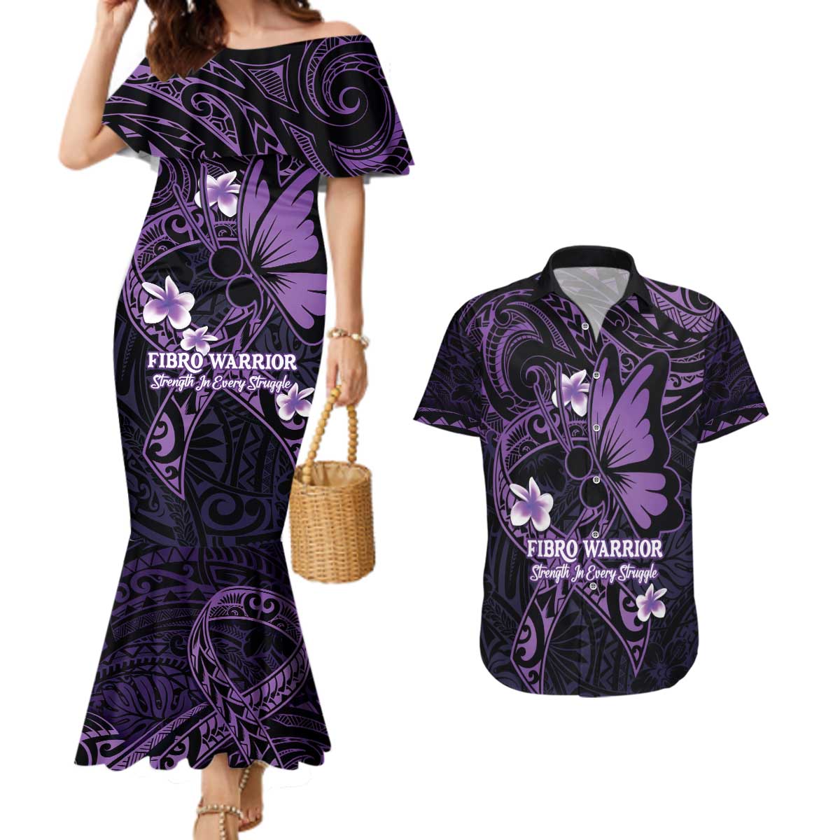 Personalised Fibromyalgia Awareness Month Couples Matching Mermaid Dress and Hawaiian Shirt Fibro Warrior Strength In Every Struggle LT14 Purple - Polynesian Pride