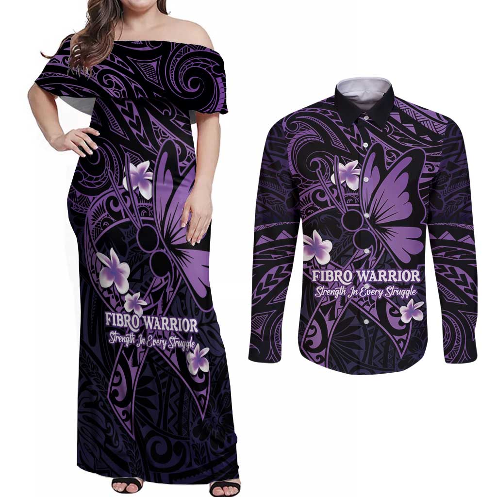 Personalised Fibromyalgia Awareness Month Couples Matching Off Shoulder Maxi Dress and Long Sleeve Button Shirt Fibro Warrior Strength In Every Struggle LT14 Purple - Polynesian Pride