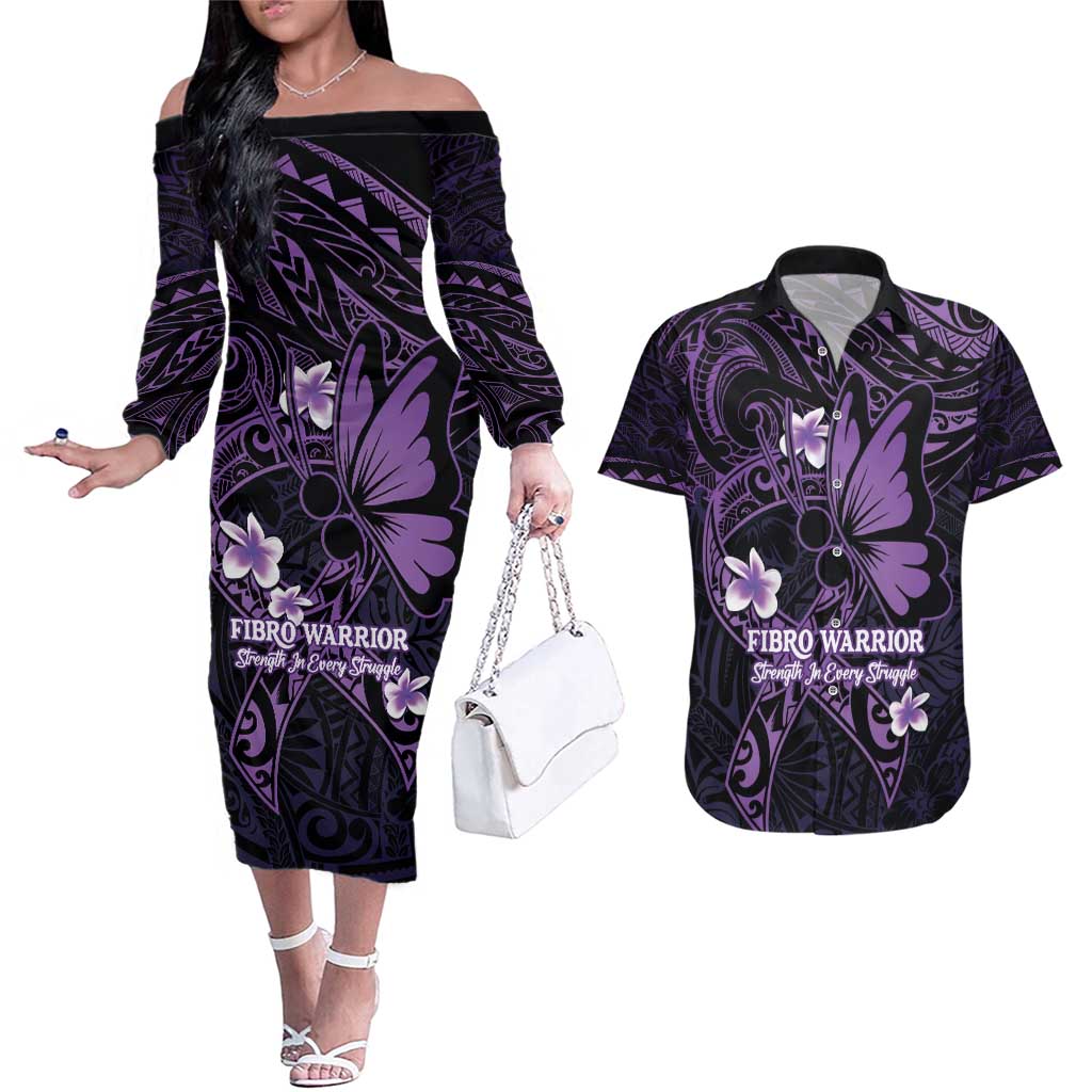 Personalised Fibromyalgia Awareness Month Couples Matching Off The Shoulder Long Sleeve Dress and Hawaiian Shirt Fibro Warrior Strength In Every Struggle LT14 Purple - Polynesian Pride