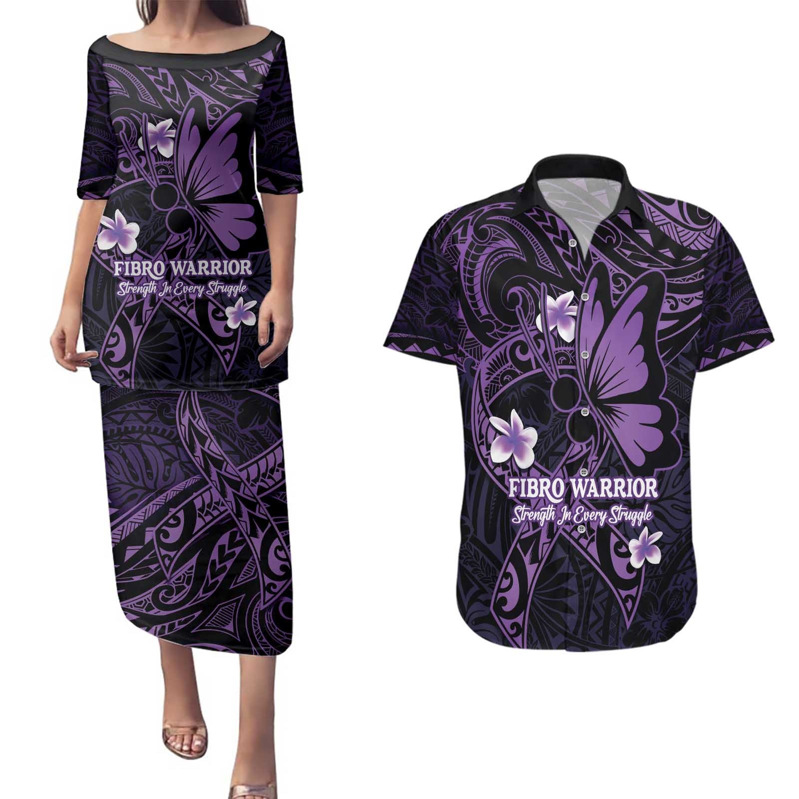 Personalised Fibromyalgia Awareness Month Couples Matching Puletasi and Hawaiian Shirt Fibro Warrior Strength In Every Struggle LT14 Purple - Polynesian Pride
