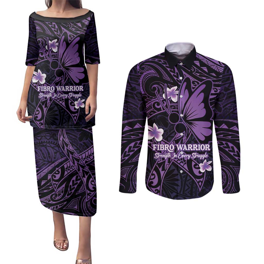 Personalised Fibromyalgia Awareness Month Couples Matching Puletasi and Long Sleeve Button Shirt Fibro Warrior Strength In Every Struggle LT14 Purple - Polynesian Pride