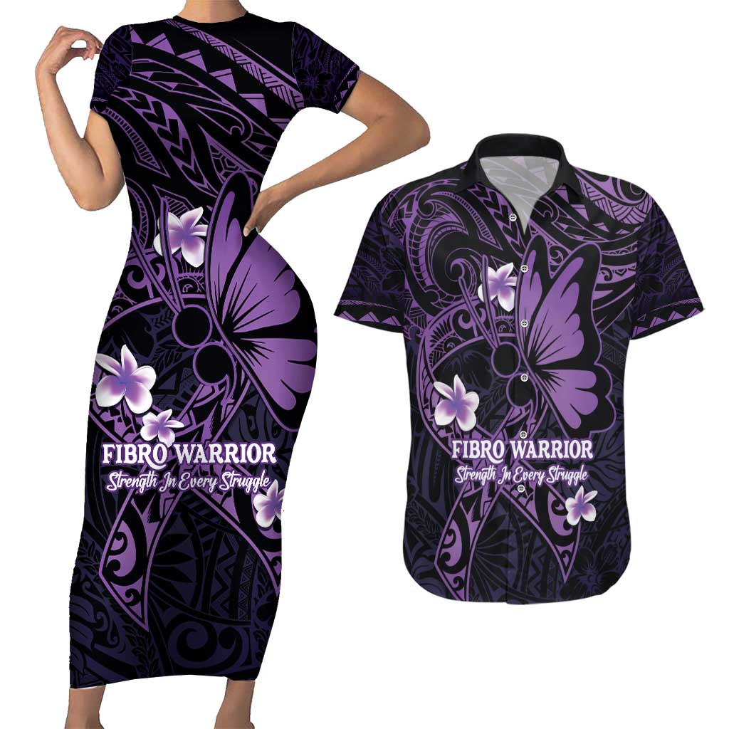 Personalised Fibromyalgia Awareness Month Couples Matching Short Sleeve Bodycon Dress and Hawaiian Shirt Fibro Warrior Strength In Every Struggle LT14 Purple - Polynesian Pride