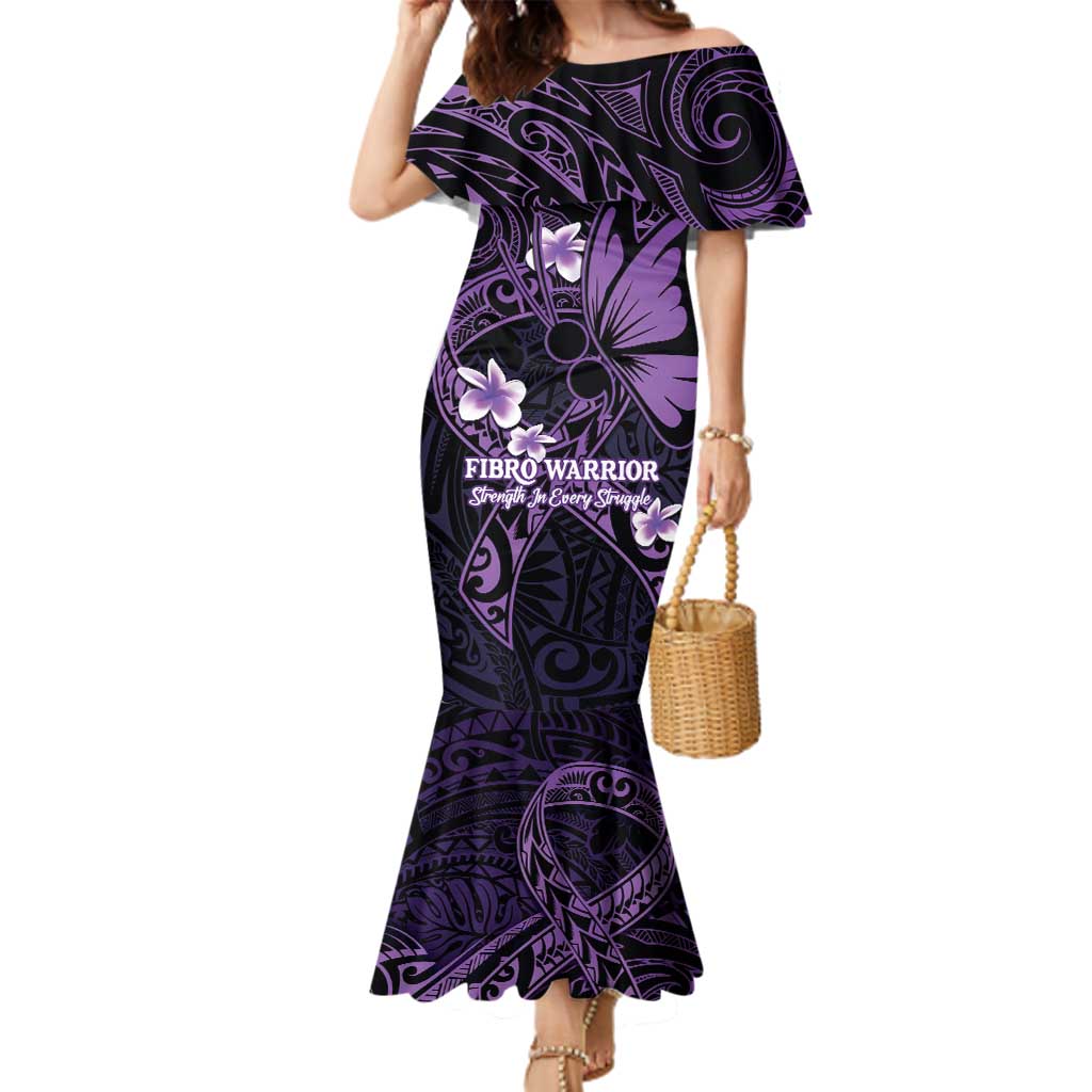 Personalised Fibromyalgia Awareness Month Family Matching Mermaid Dress and Hawaiian Shirt Fibro Warrior Strength In Every Struggle LT14 Mom's Dress Purple - Polynesian Pride