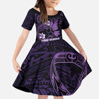 Personalised Fibromyalgia Awareness Month Family Matching Off The Shoulder Long Sleeve Dress and Hawaiian Shirt Fibro Warrior Strength In Every Struggle LT14 Daughter's Dress Purple - Polynesian Pride