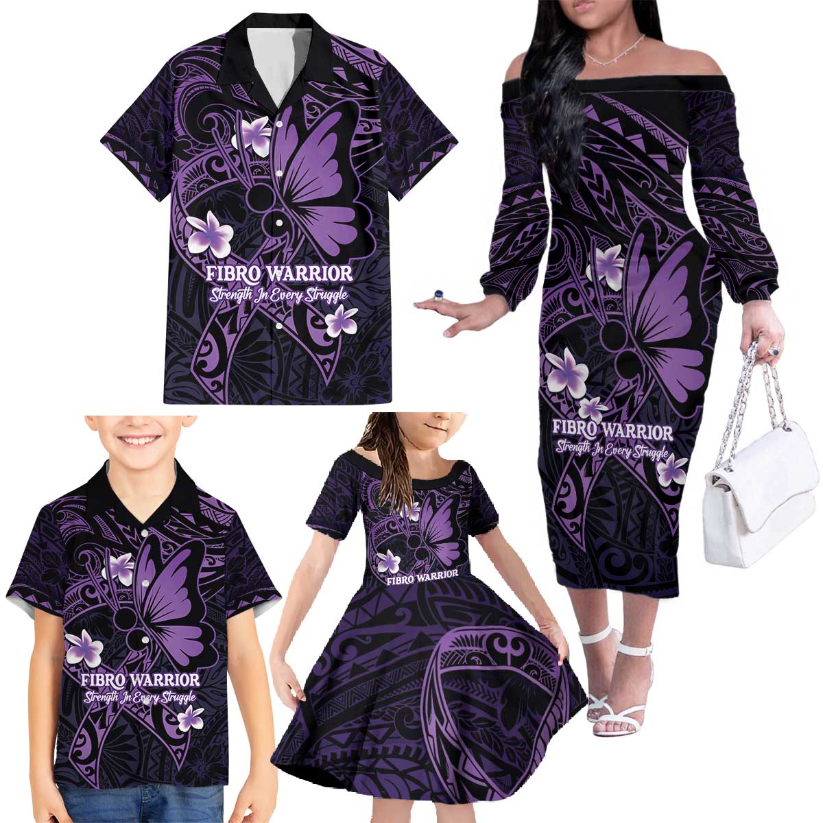 Personalised Fibromyalgia Awareness Month Family Matching Off The Shoulder Long Sleeve Dress and Hawaiian Shirt Fibro Warrior Strength In Every Struggle LT14 - Polynesian Pride