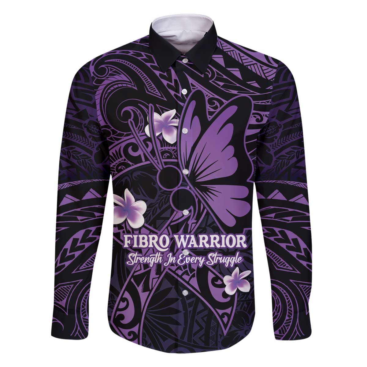 Personalised Fibromyalgia Awareness Month Family Matching Off The Shoulder Long Sleeve Dress and Hawaiian Shirt Fibro Warrior Strength In Every Struggle LT14 Dad's Shirt - Long Sleeve Purple - Polynesian Pride