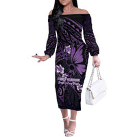 Personalised Fibromyalgia Awareness Month Family Matching Off The Shoulder Long Sleeve Dress and Hawaiian Shirt Fibro Warrior Strength In Every Struggle LT14 Mom's Dress Purple - Polynesian Pride