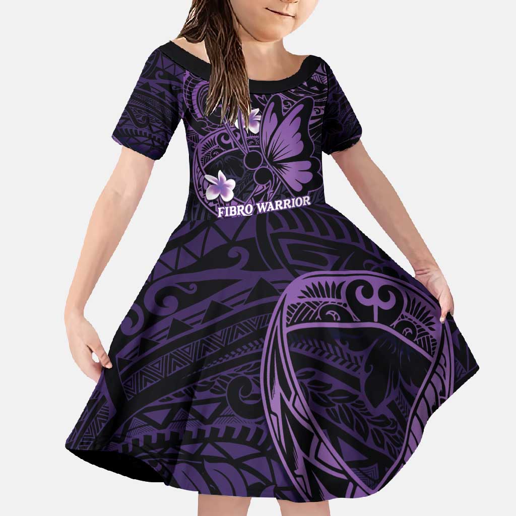 Personalised Fibromyalgia Awareness Month Family Matching Off Shoulder Maxi Dress and Hawaiian Shirt Fibro Warrior Strength In Every Struggle LT14 Daughter's Dress Purple - Polynesian Pride