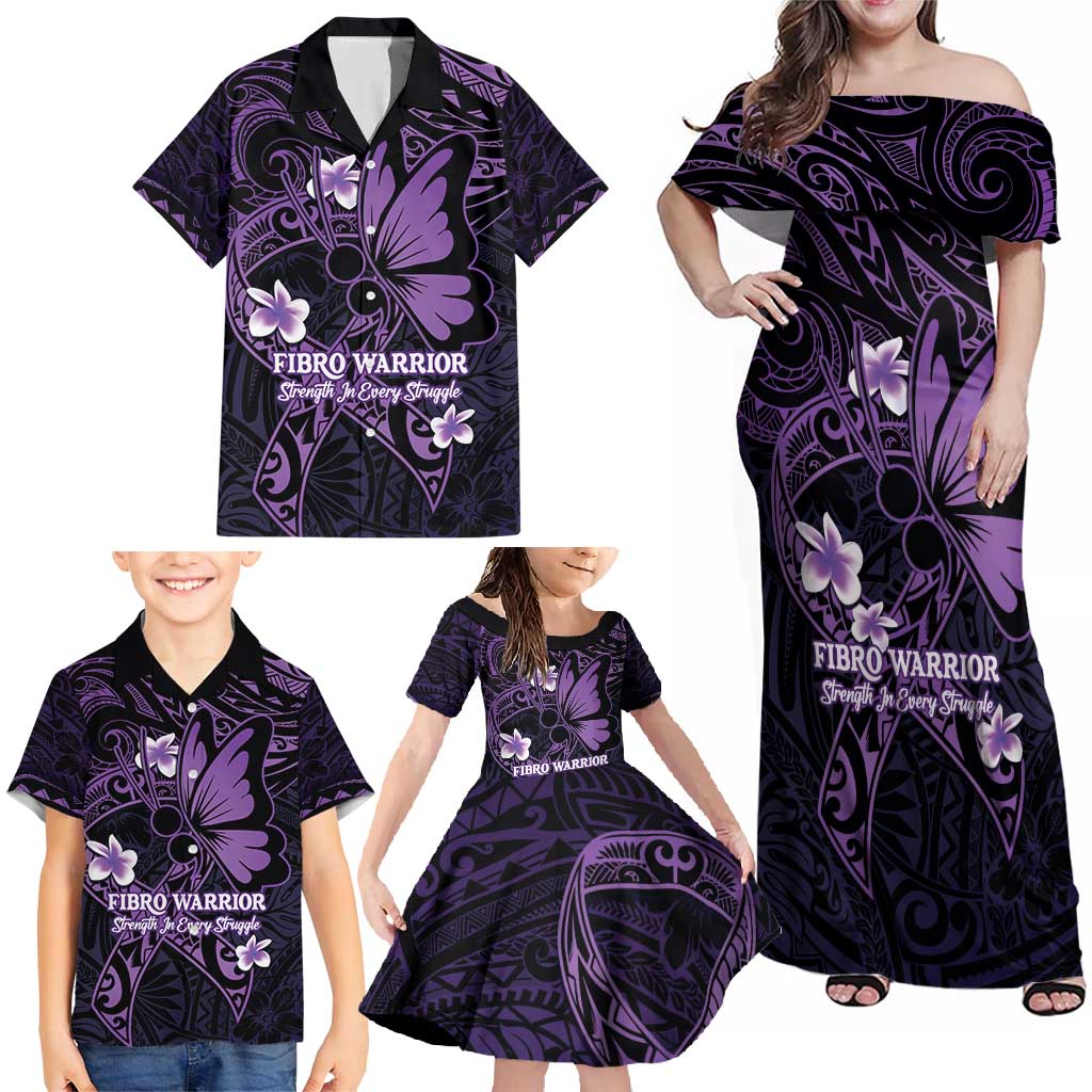 Personalised Fibromyalgia Awareness Month Family Matching Off Shoulder Maxi Dress and Hawaiian Shirt Fibro Warrior Strength In Every Struggle LT14 - Polynesian Pride