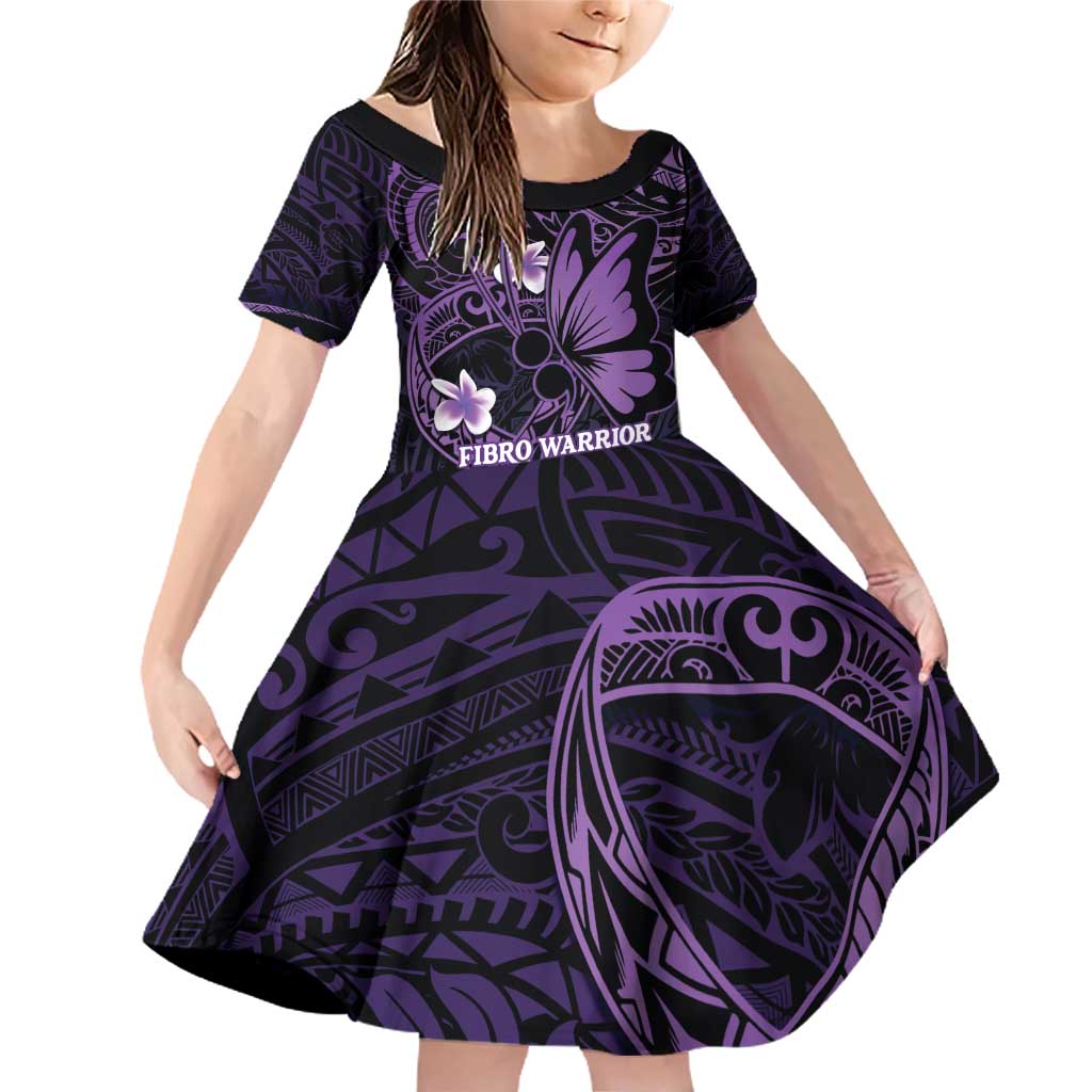 Personalised Fibromyalgia Awareness Month Family Matching Off Shoulder Short Dress and Hawaiian Shirt Fibro Warrior Strength In Every Struggle LT14 Daughter's Dress Purple - Polynesian Pride