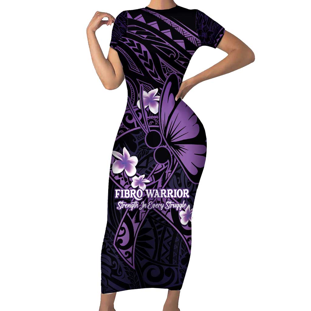 Personalised Fibromyalgia Awareness Month Family Matching Short Sleeve Bodycon Dress and Hawaiian Shirt Fibro Warrior Strength In Every Struggle LT14 Mom's Dress Purple - Polynesian Pride