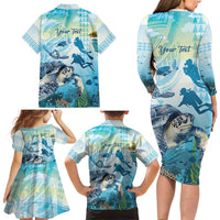 Personalized Snorkeling Hawaii Family Matching Long Sleeve Bodycon Dress and Hawaiian Shirt Ocean Lover Hawaiian Kakau Honu Turtle LT14 - Polynesian Pride