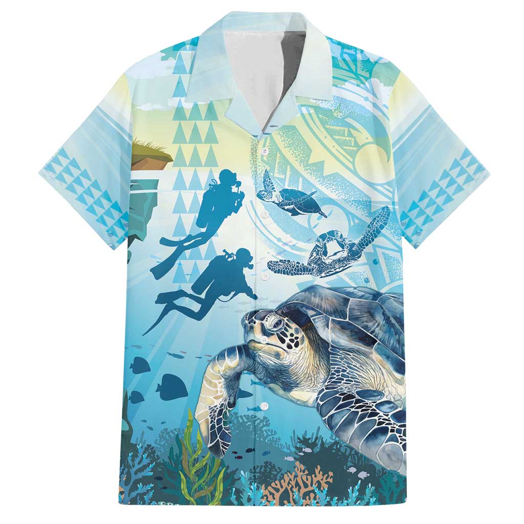 Personalized Snorkeling Hawaii Family Matching Long Sleeve Bodycon Dress and Hawaiian Shirt Ocean Lover Hawaiian Kakau Honu Turtle LT14 Dad's Shirt - Short Sleeve Cyan - Polynesian Pride