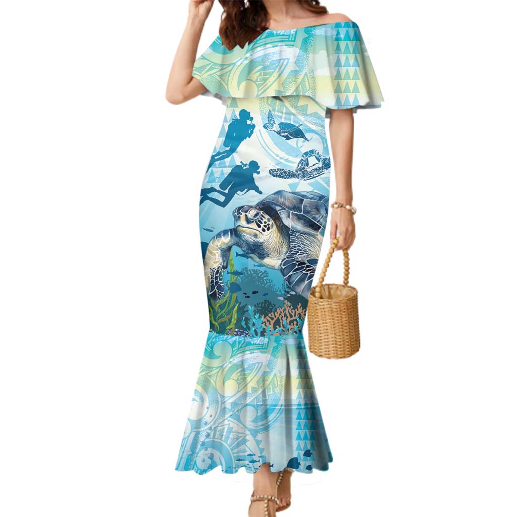 Personalized Snorkeling Hawaii Family Matching Mermaid Dress and Hawaiian Shirt Ocean Lover Hawaiian Kakau Honu Turtle LT14 Mom's Dress Cyan - Polynesian Pride