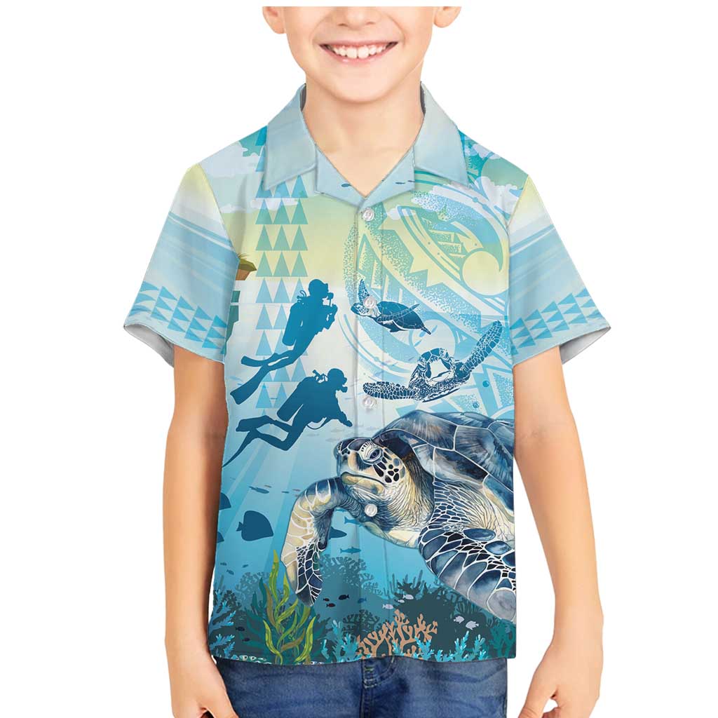 Personalized Snorkeling Hawaii Family Matching Mermaid Dress and Hawaiian Shirt Ocean Lover Hawaiian Kakau Honu Turtle LT14 Son's Shirt Cyan - Polynesian Pride