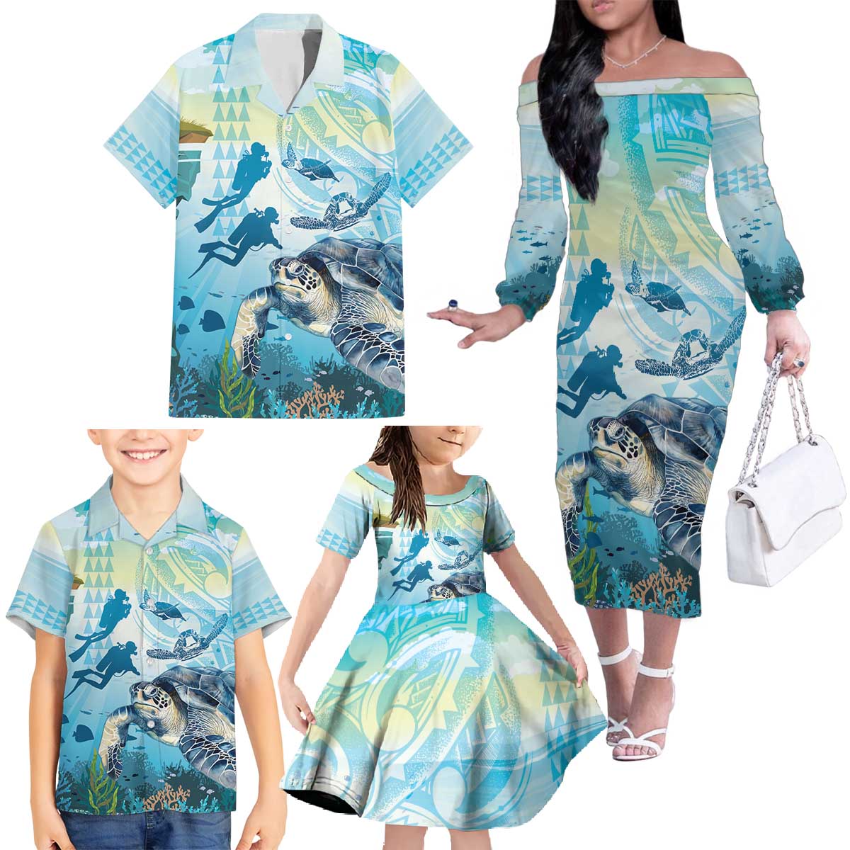 Personalized Snorkeling Hawaii Family Matching Off The Shoulder Long Sleeve Dress and Hawaiian Shirt Ocean Lover Hawaiian Kakau Honu Turtle LT14 - Polynesian Pride