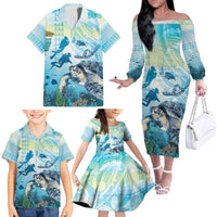 Personalized Snorkeling Hawaii Family Matching Off The Shoulder Long Sleeve Dress and Hawaiian Shirt Ocean Lover Hawaiian Kakau Honu Turtle LT14 - Polynesian Pride