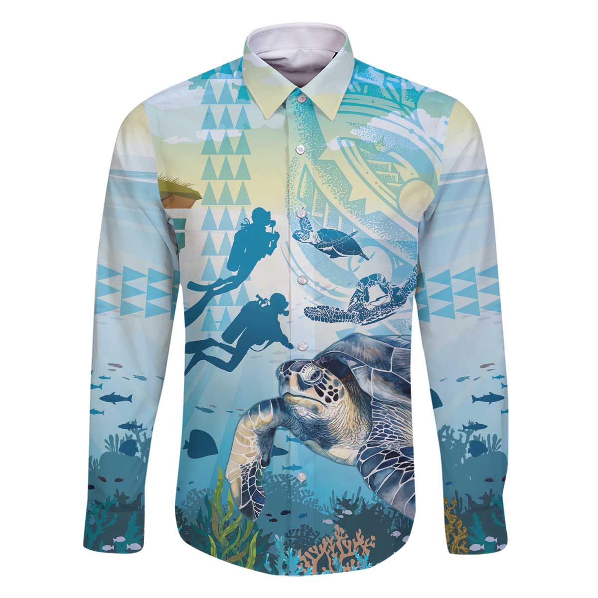 Personalized Snorkeling Hawaii Family Matching Off The Shoulder Long Sleeve Dress and Hawaiian Shirt Ocean Lover Hawaiian Kakau Honu Turtle LT14 Dad's Shirt - Long Sleeve Cyan - Polynesian Pride