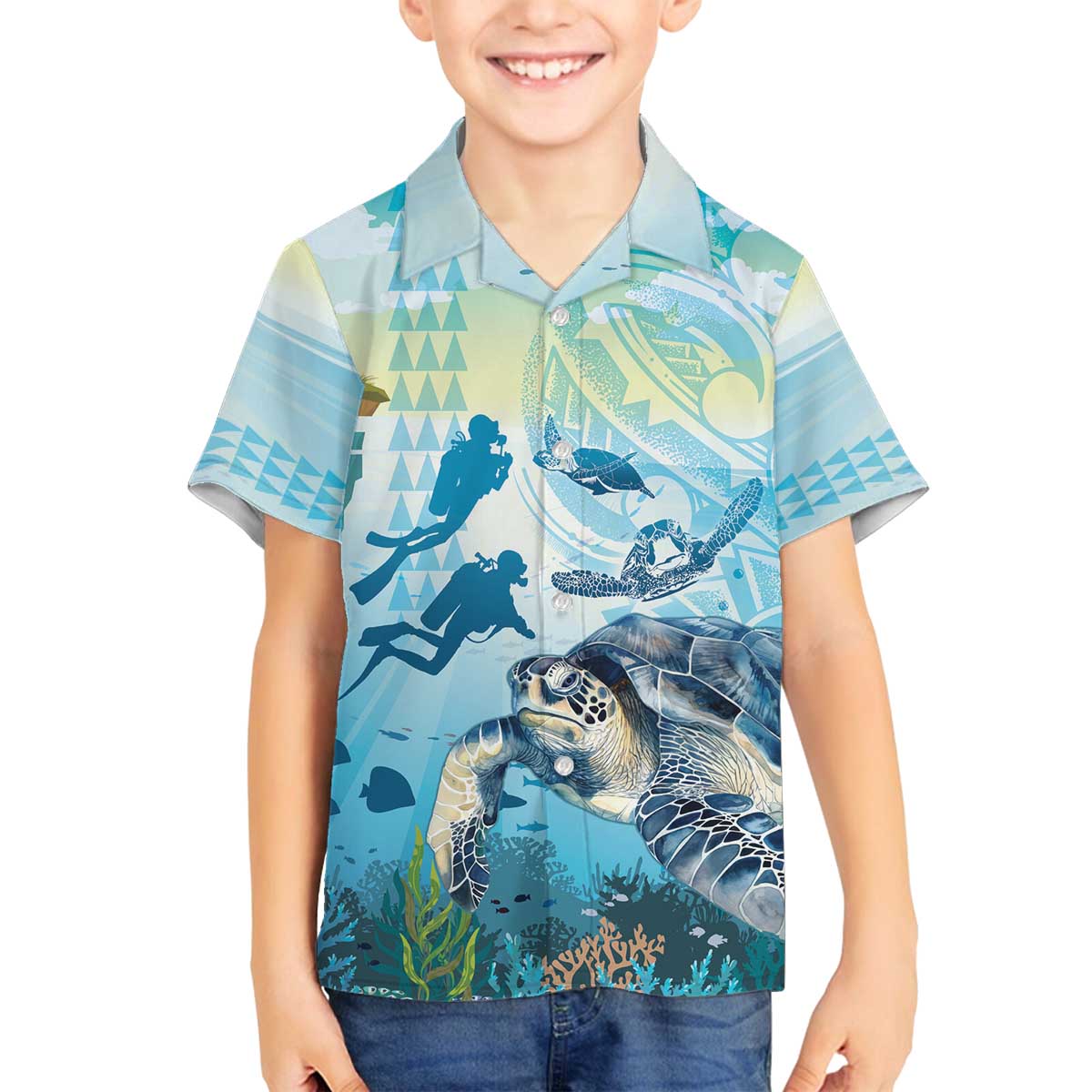 Personalized Snorkeling Hawaii Family Matching Off The Shoulder Long Sleeve Dress and Hawaiian Shirt Ocean Lover Hawaiian Kakau Honu Turtle LT14 Son's Shirt Cyan - Polynesian Pride
