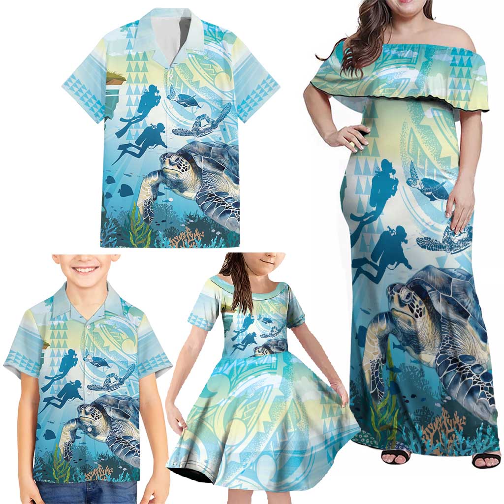 Personalized Snorkeling Hawaii Family Matching Off Shoulder Maxi Dress and Hawaiian Shirt Ocean Lover Hawaiian Kakau Honu Turtle LT14 - Polynesian Pride