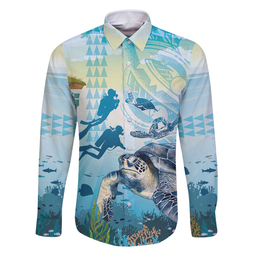 Personalized Snorkeling Hawaii Family Matching Off Shoulder Maxi Dress and Hawaiian Shirt Ocean Lover Hawaiian Kakau Honu Turtle LT14 Dad's Shirt - Long Sleeve Cyan - Polynesian Pride