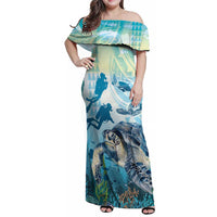 Personalized Snorkeling Hawaii Family Matching Off Shoulder Maxi Dress and Hawaiian Shirt Ocean Lover Hawaiian Kakau Honu Turtle LT14 Mom's Dress Cyan - Polynesian Pride