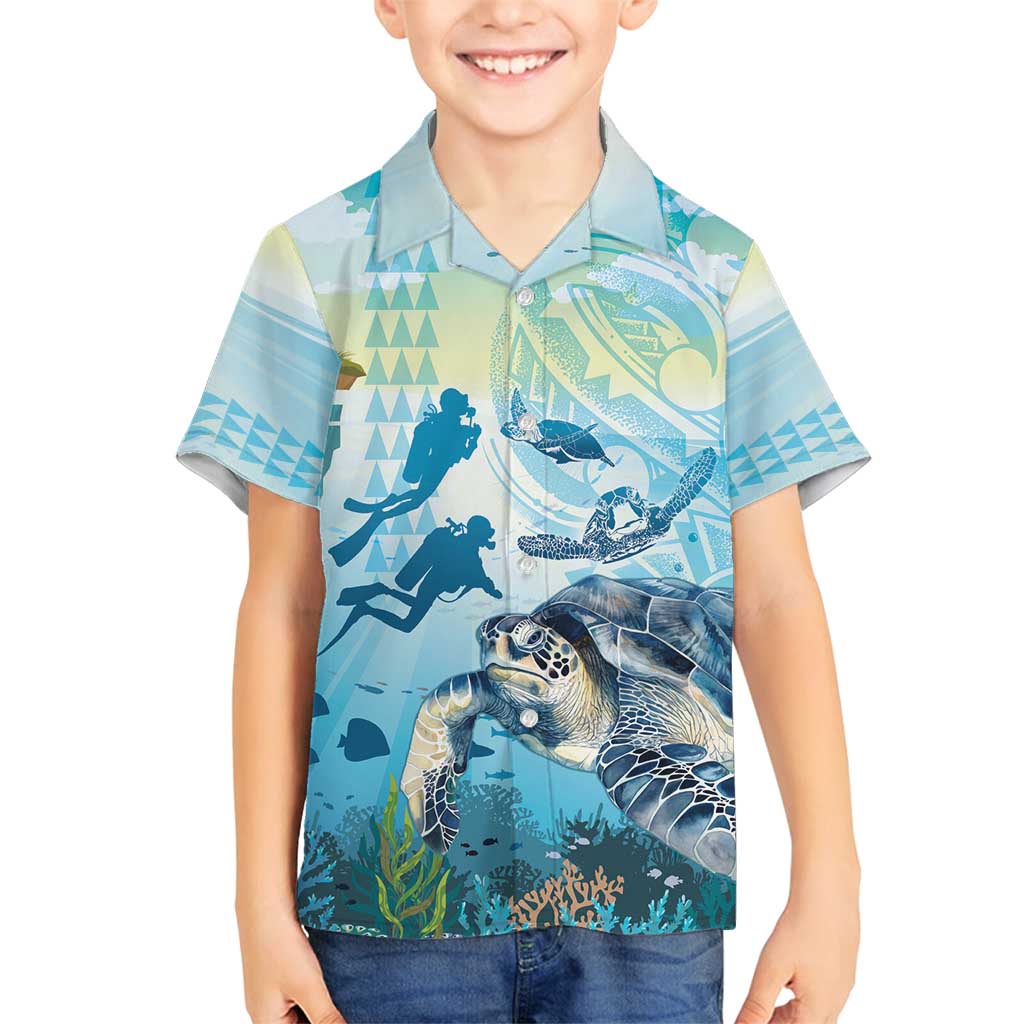 Personalized Snorkeling Hawaii Family Matching Off Shoulder Maxi Dress and Hawaiian Shirt Ocean Lover Hawaiian Kakau Honu Turtle LT14 Son's Shirt Cyan - Polynesian Pride