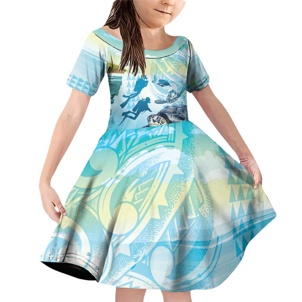 Personalized Snorkeling Hawaii Family Matching Off Shoulder Short Dress and Hawaiian Shirt Ocean Lover Hawaiian Kakau Honu Turtle LT14 Daughter's Dress Cyan - Polynesian Pride