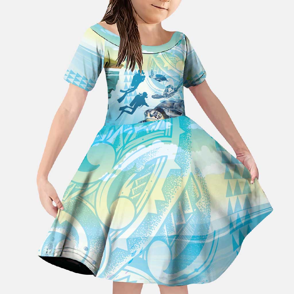 Personalized Snorkeling Hawaii Family Matching Summer Maxi Dress and Hawaiian Shirt Ocean Lover Hawaiian Kakau Honu Turtle LT14 Daughter's Dress Cyan - Polynesian Pride