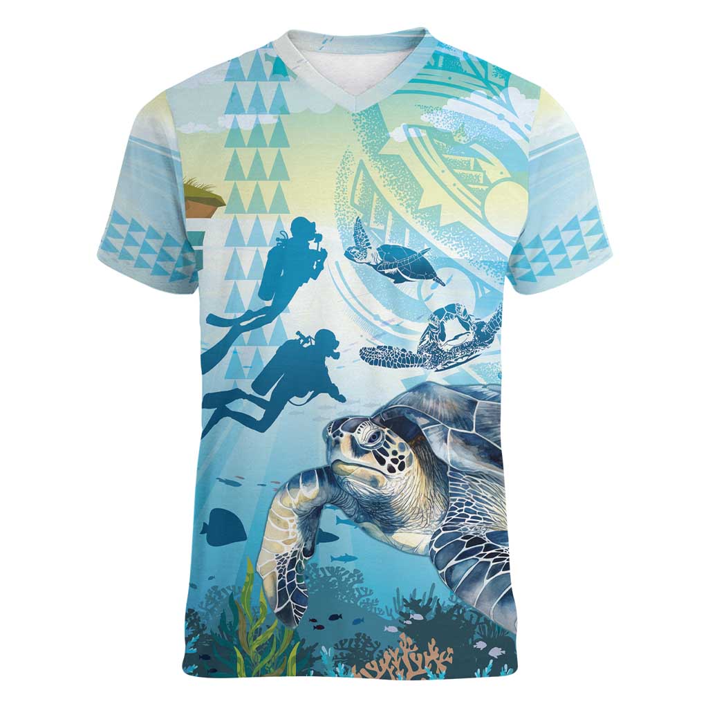 Personalized Snorkeling Hawaii Women V-Neck T-Shirt Ocean Lover Hawaiian Kakau Honu Turtle