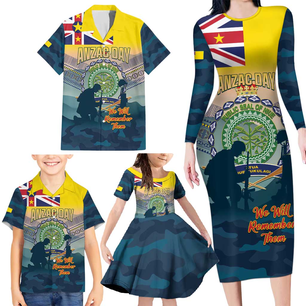 Niue ANZAC Day Family Matching Long Sleeve Bodycon Dress and Hawaiian Shirt We Will Remember Them Camouflage Style LT14 - Polynesian Pride
