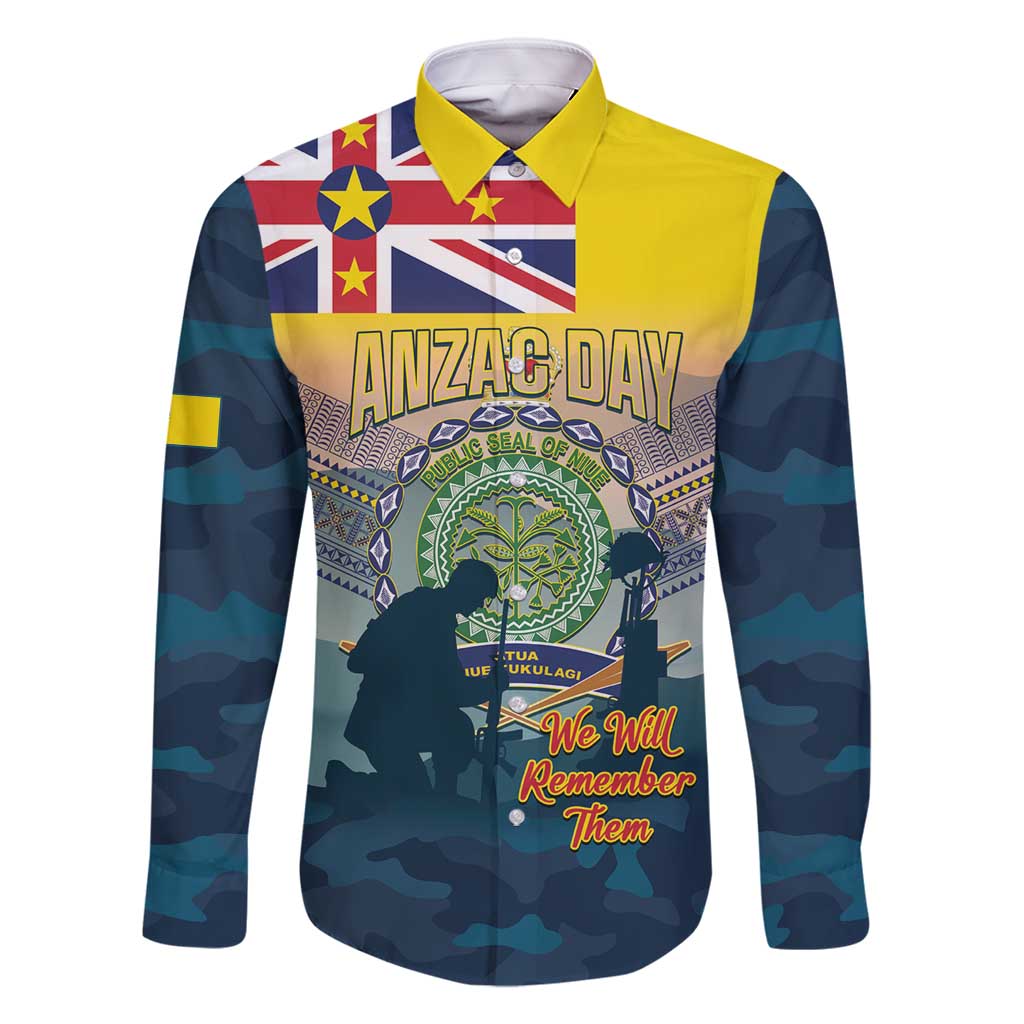 Niue ANZAC Day Family Matching Long Sleeve Bodycon Dress and Hawaiian Shirt We Will Remember Them Camouflage Style LT14 Dad's Shirt - Long Sleeve Yellow - Polynesian Pride