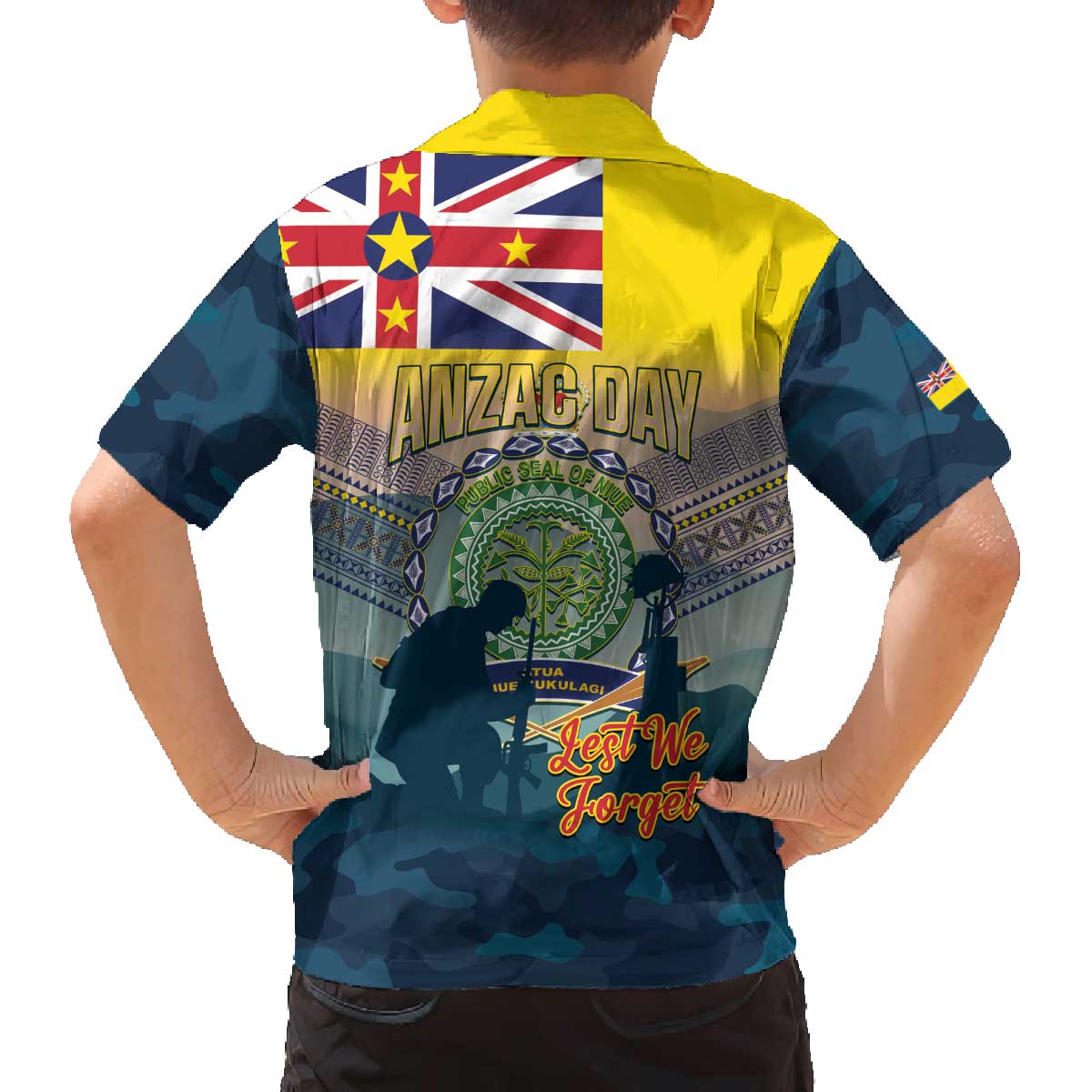 Niue ANZAC Day Family Matching Off The Shoulder Long Sleeve Dress and Hawaiian Shirt We Will Remember Them Camouflage Style LT14 - Polynesian Pride