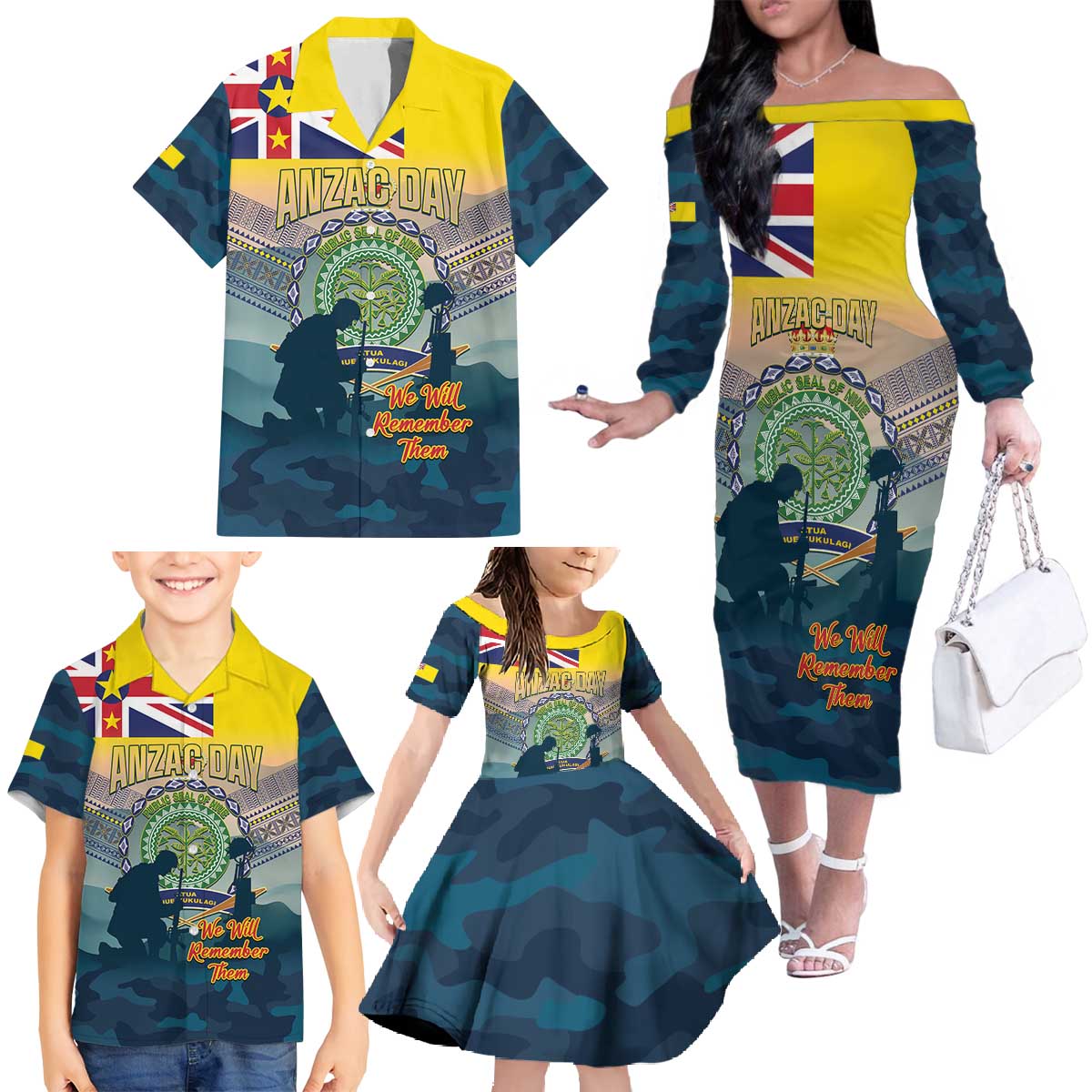 Niue ANZAC Day Family Matching Off The Shoulder Long Sleeve Dress and Hawaiian Shirt We Will Remember Them Camouflage Style LT14 - Polynesian Pride