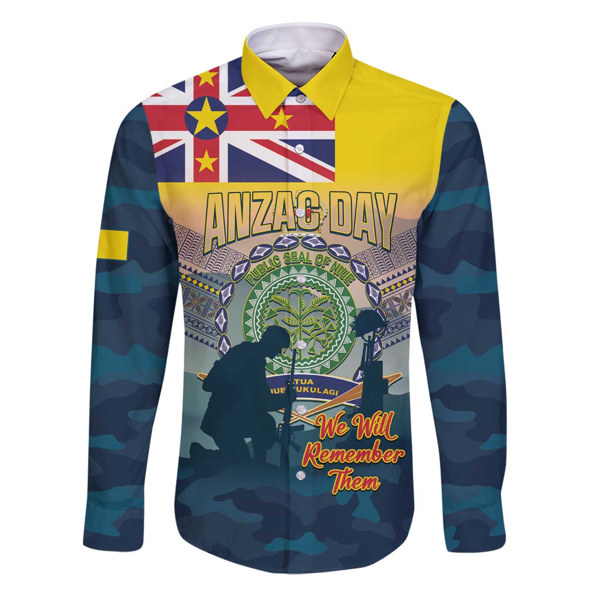 Niue ANZAC Day Family Matching Off The Shoulder Long Sleeve Dress and Hawaiian Shirt We Will Remember Them Camouflage Style LT14 Dad's Shirt - Long Sleeve Yellow - Polynesian Pride