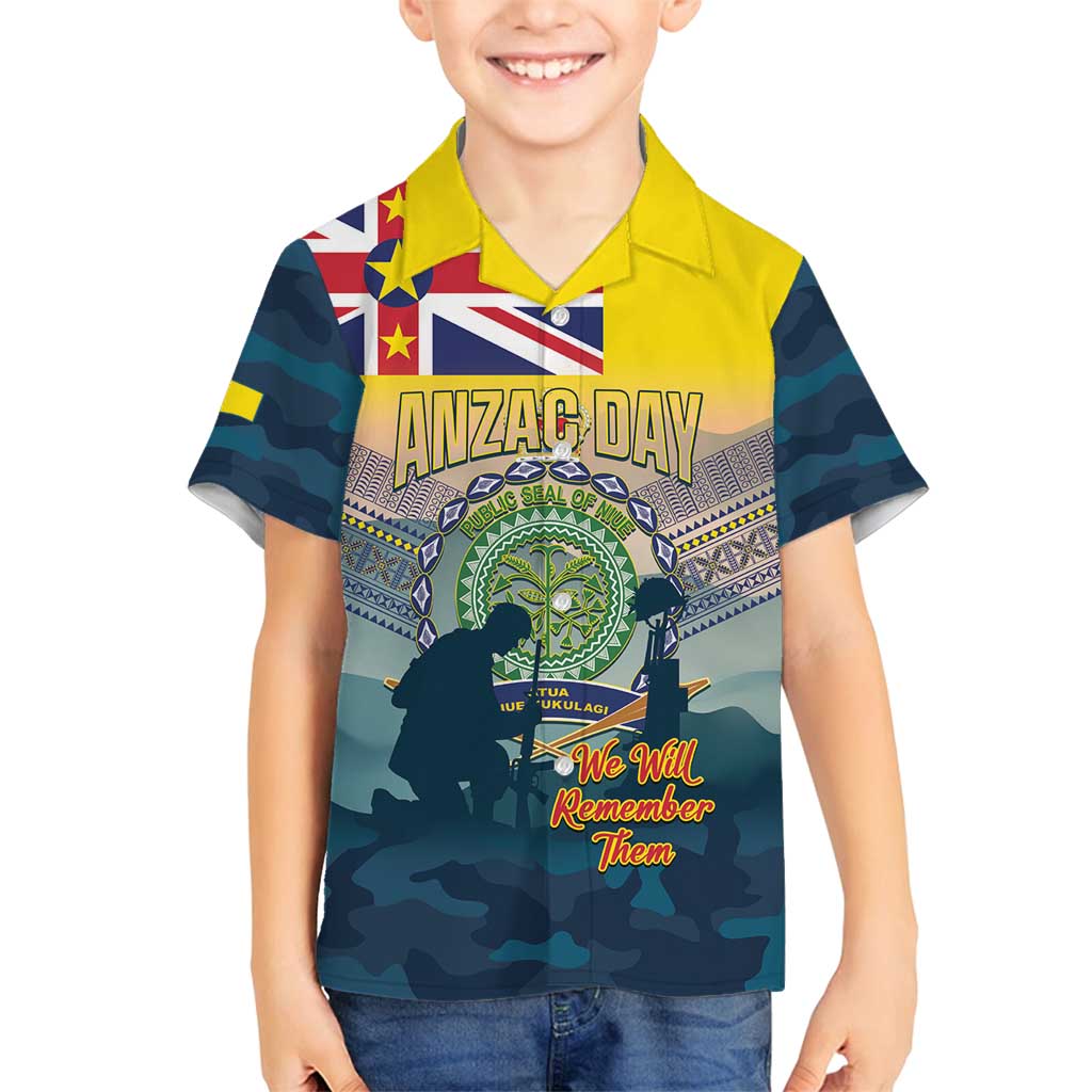 Niue ANZAC Day Family Matching Off Shoulder Maxi Dress and Hawaiian Shirt We Will Remember Them Camouflage Style